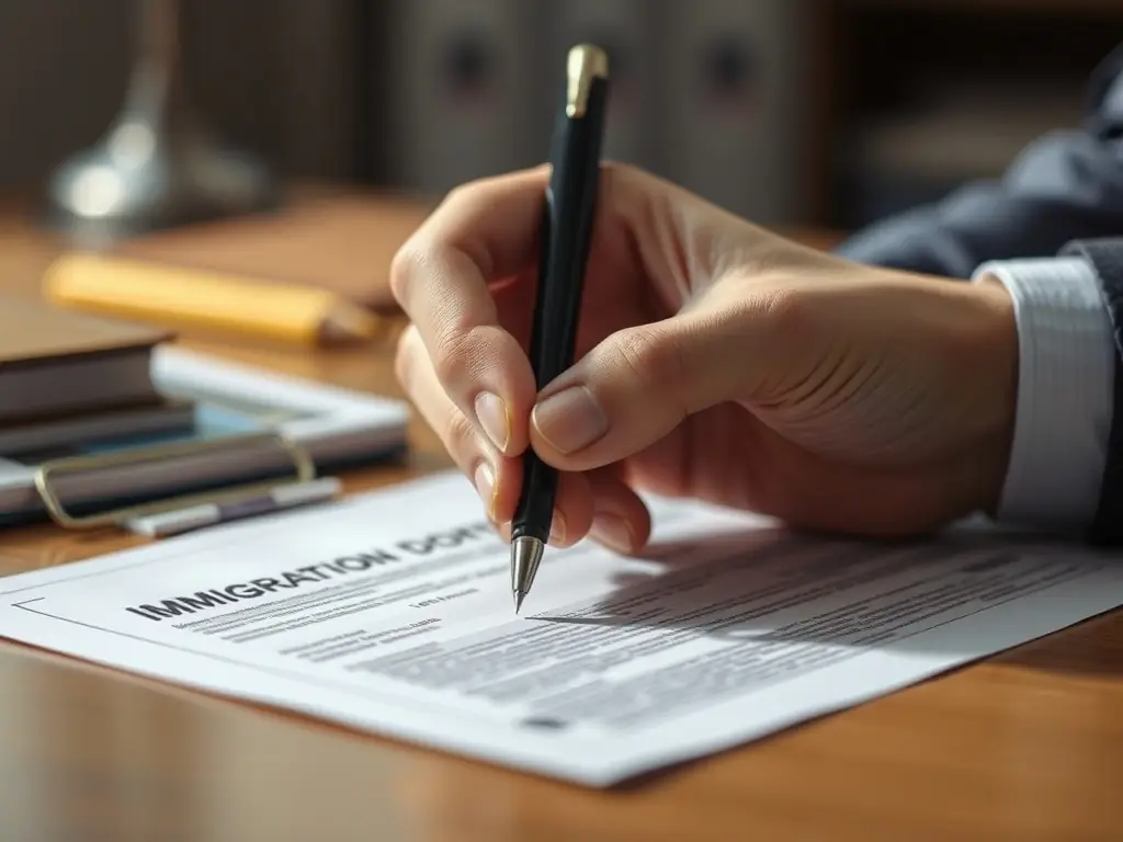 A close-up shot of a hand carefully filling out an immigration form with a pen, emphasizing precision and attention to detail. The background is blurred to focus on the form and the hand.