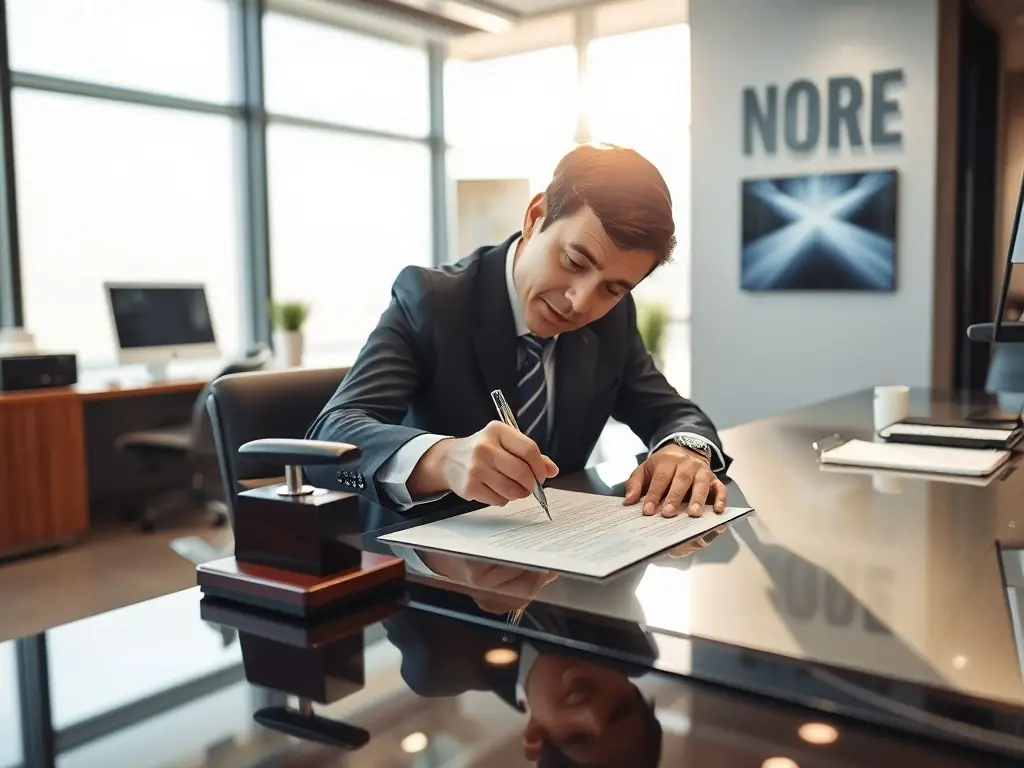 A professional notary public stamping a legal document with an official seal, symbolizing trust and legal compliance. The setting is a clean, modern office environment.