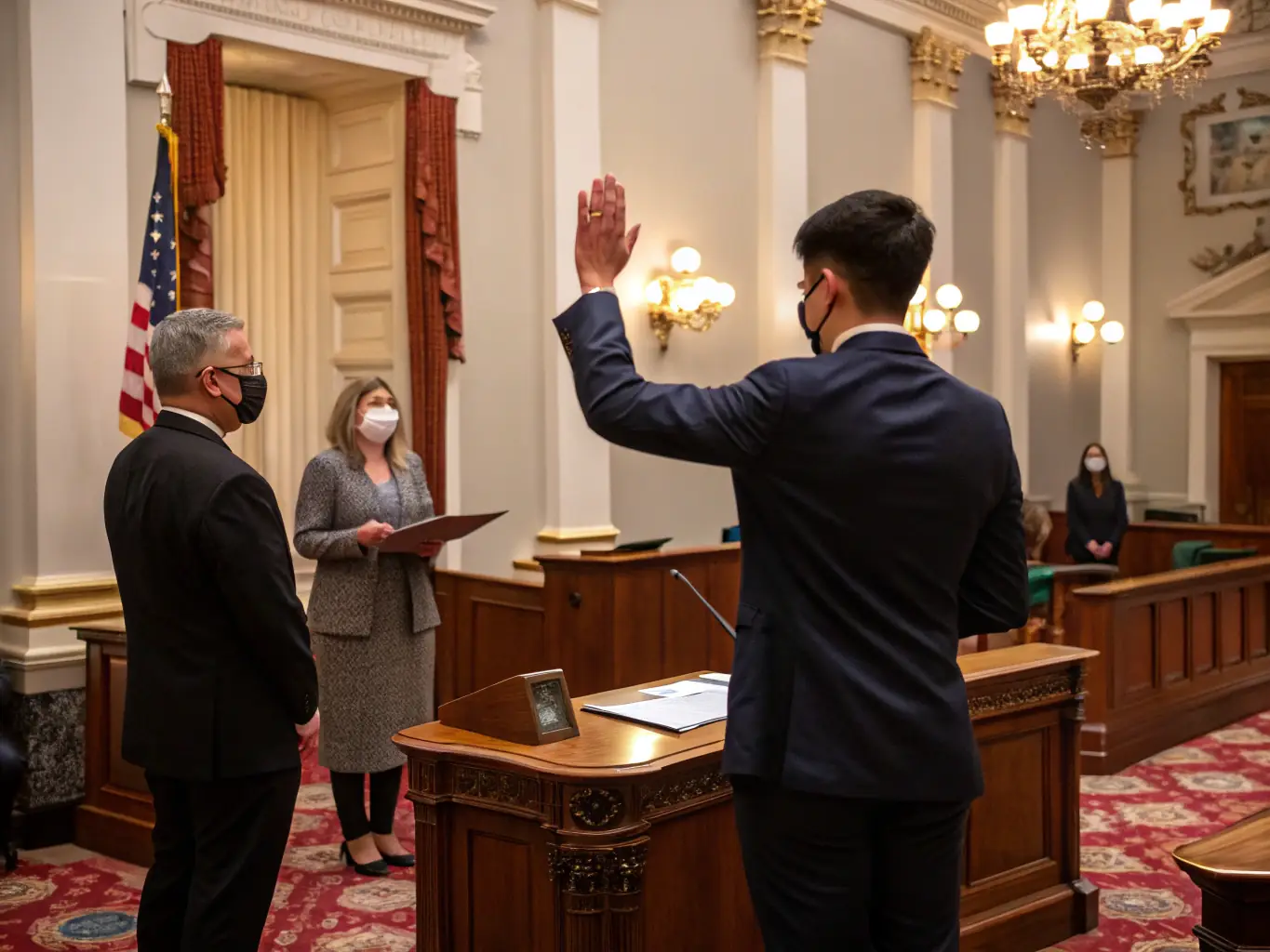 A professional photo of a naturalization ceremony, where an individual is taking the oath of citizenship, symbolizing the final step in the immigration process.