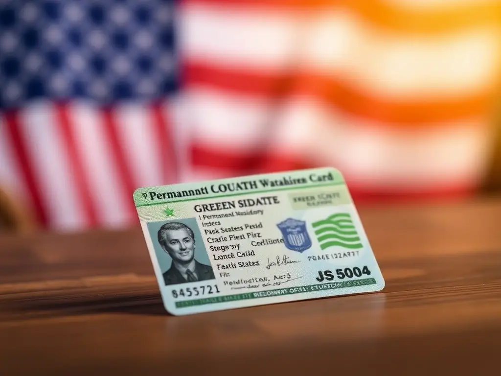 An image of a green card, symbolizing successful residency applications, with a subtle background of the American flag.